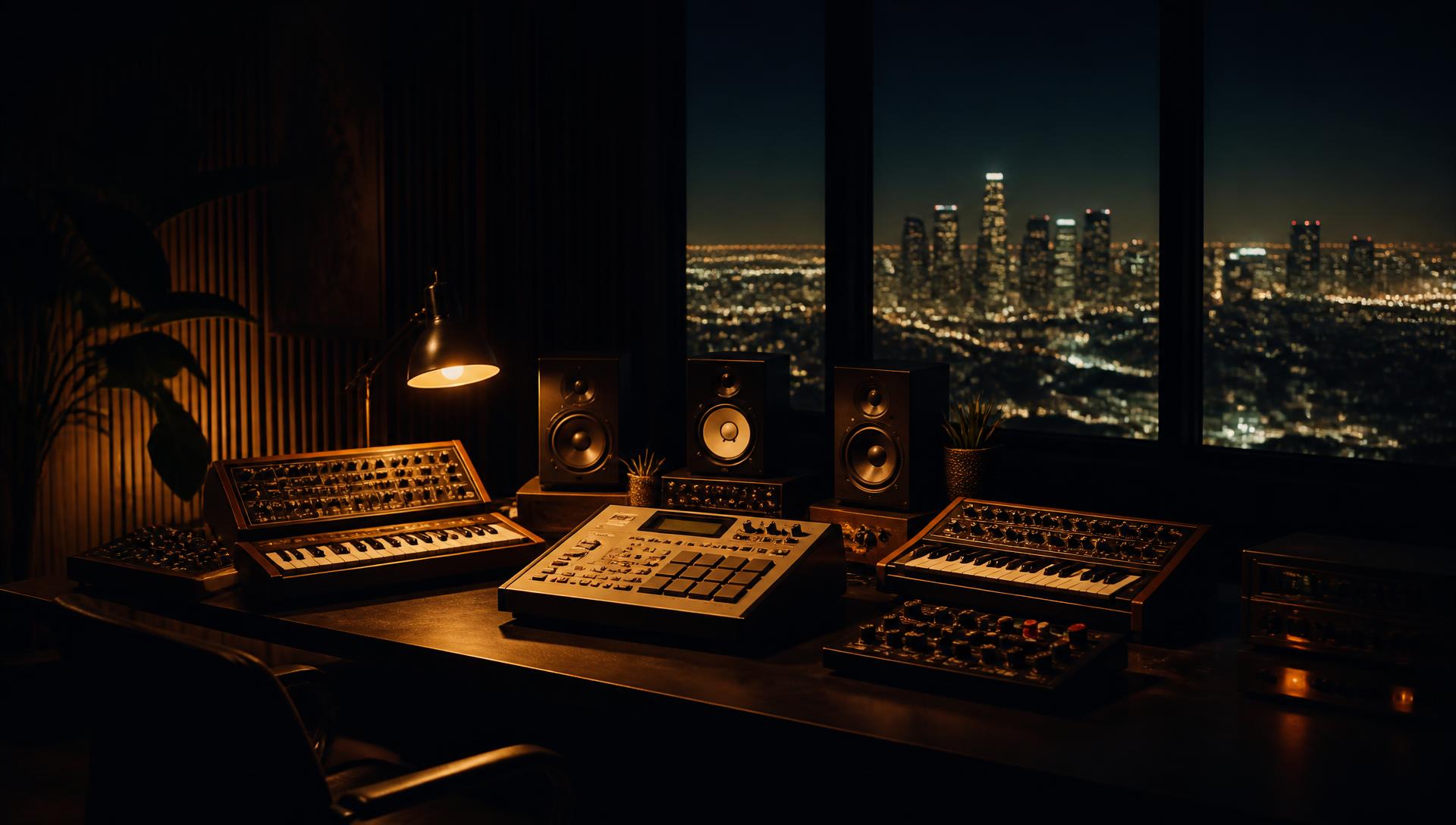 AOTT music production studio with Los Angeles skyline at night